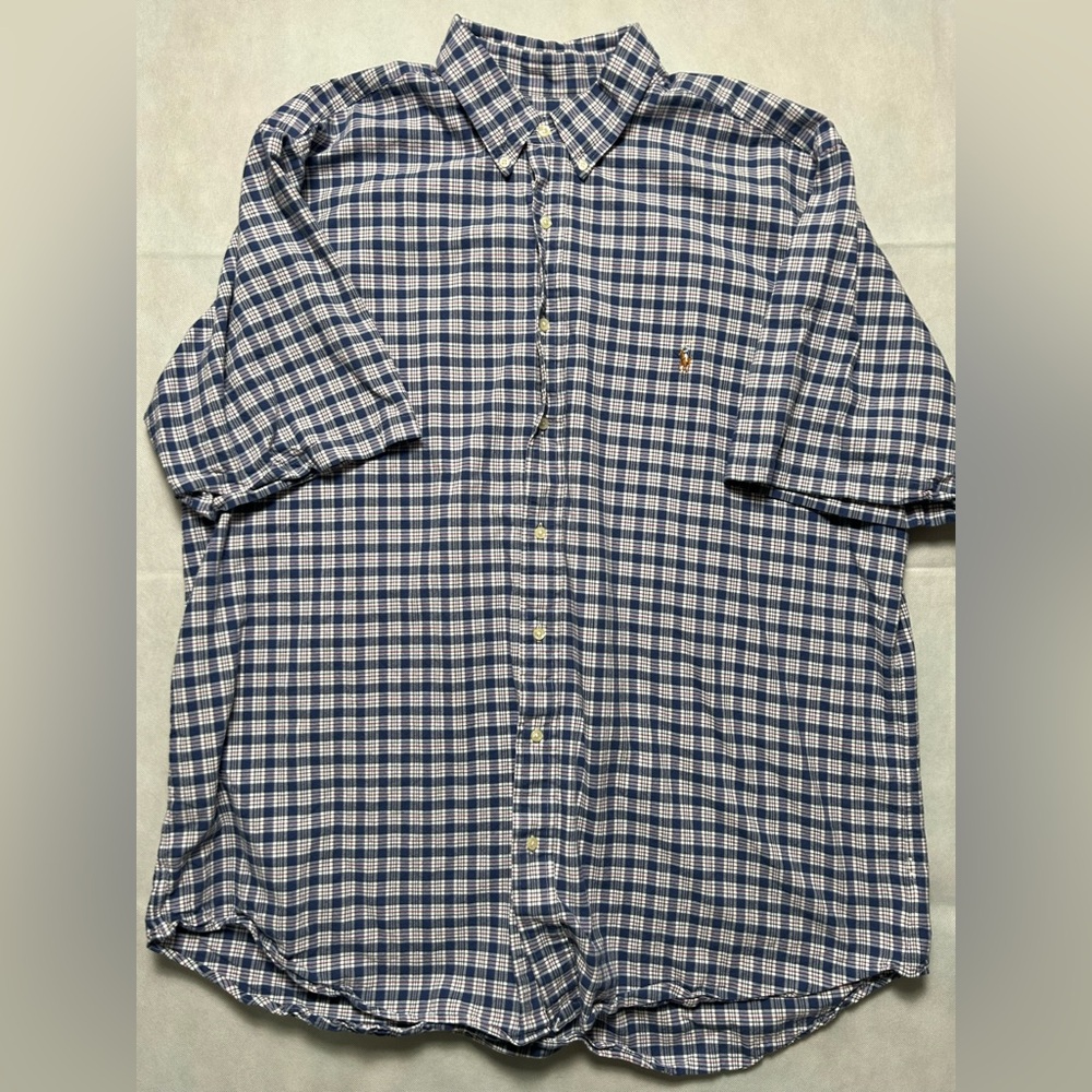 Ralph Lauren blue and white cotton plaid short sleeve button down shirt 2XLT